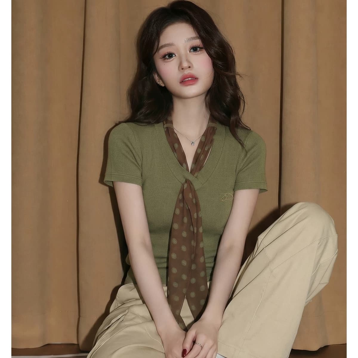 2 2 인 면 260 그램 V넥 긍정적 인 어깨 반팔 티셔츠 여성 여름 허리 수축 몸매 가꾸기 슬림해 보이는 레이스업 디자인 센스 맨위 상세 이미지 4