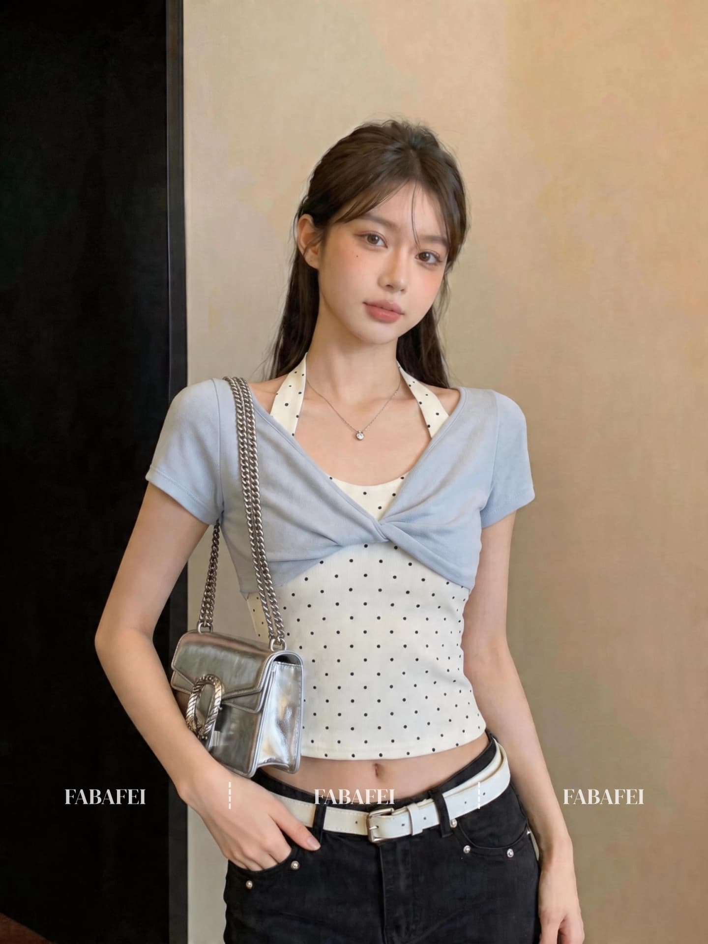 40 순면 한 부서 행침 목 페이크 레이어드 도트 무늬 티셔츠 여성 여름 섹션 달콤한 핫걸 Chic 비틀림 디스플레이 얇고 작은 맨위 상세 이미지 3