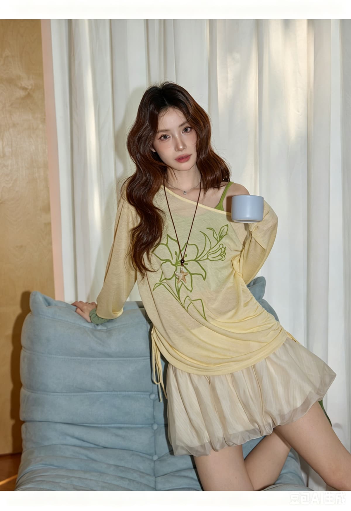 한 부서 비스듬한 어깨 자외선 차단 블라우스 여성 여름 해변가 휴가 오프숄더 얇은 스타일 긴팔 황색 맨위 투피스 세트 상세 이미지 9