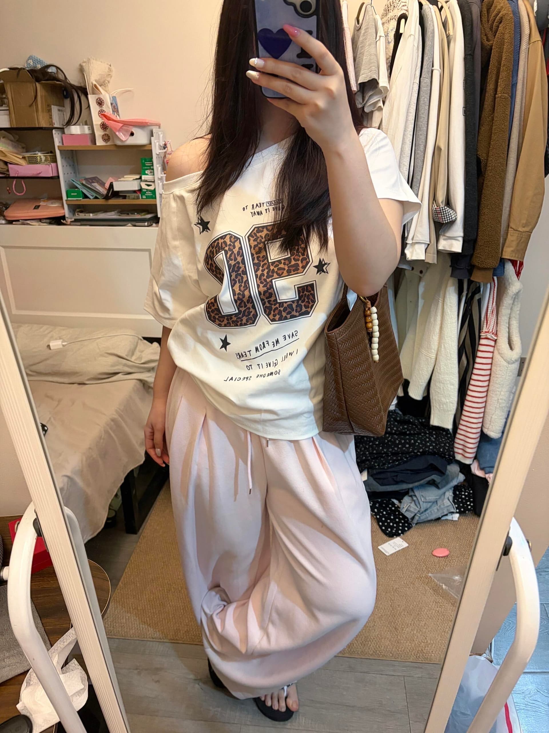 220 그램 92 면 8 암모니아 Lun 아메리칸 핫걸 비스듬한 어깨 알파벳 프린트 반팔 티셔츠 여성 이미지 4