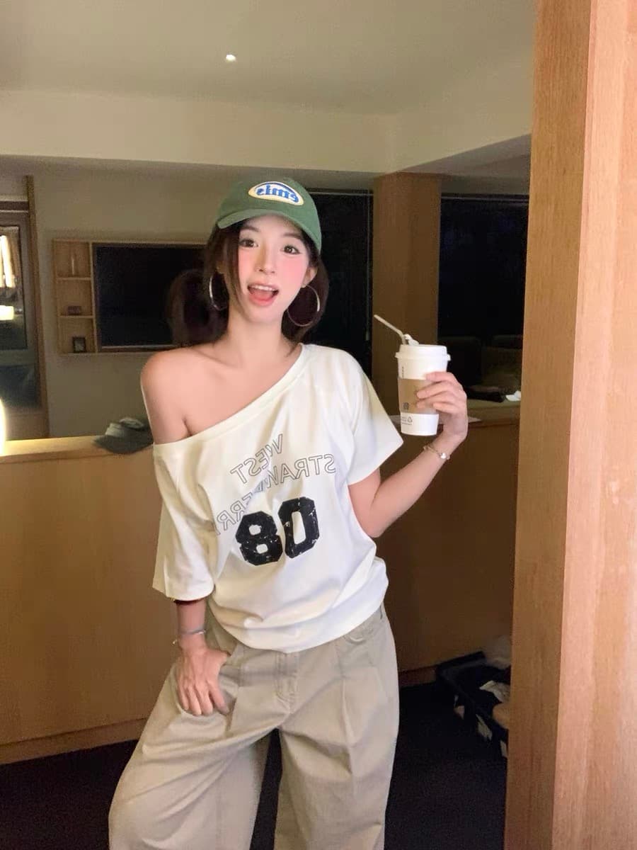 220 그램 92 면 8 암모니아 Lun 아메리칸 핫걸 비스듬한 어깨 알파벳 프린트 반팔 티셔츠 여성 이미지 3
