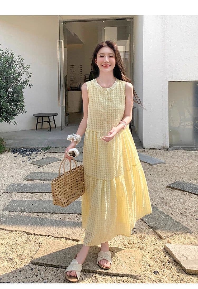 원본 것 있음 네리 밝은 노란색 색상 후아 남편 그리드 민소매 새로운 도파민 달콤함 작은 키 프랑스식 조끼 스커트 상세 이미지 17