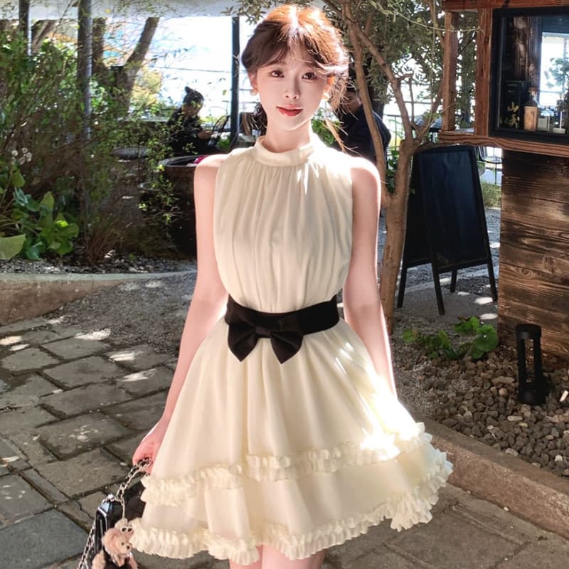 원본 것 있음 내력 보내기 나비 매듭 빛 럭셔리 고급 센스 연령 감소 천 금빛 바람 행침 목 민소매 허리 수축 미니 스커트 여성 이미지 3