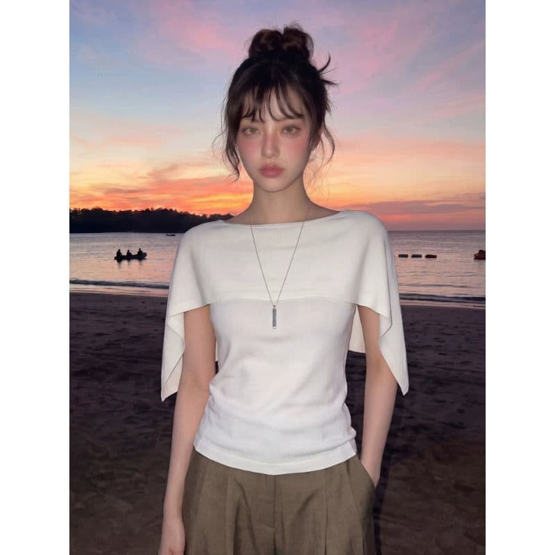 무료 자르다 프랑스식 오래된 돈 바람 오프숄더 망토 반팔 티셔츠 여성 여름 느슨함 허리 수축 도루 센스 맨위