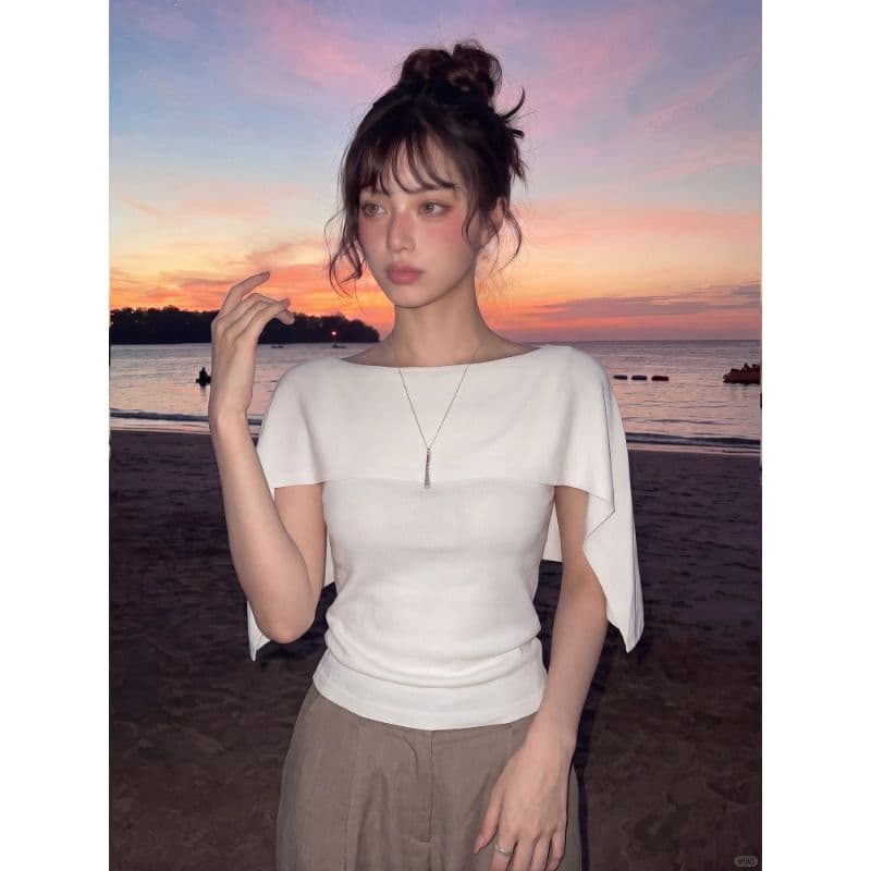 무료 자르다 프랑스식 오래된 돈 바람 오프숄더 망토 반팔 티셔츠 여성 여름 느슨함 허리 수축 도루 센스 맨위 이미지 4