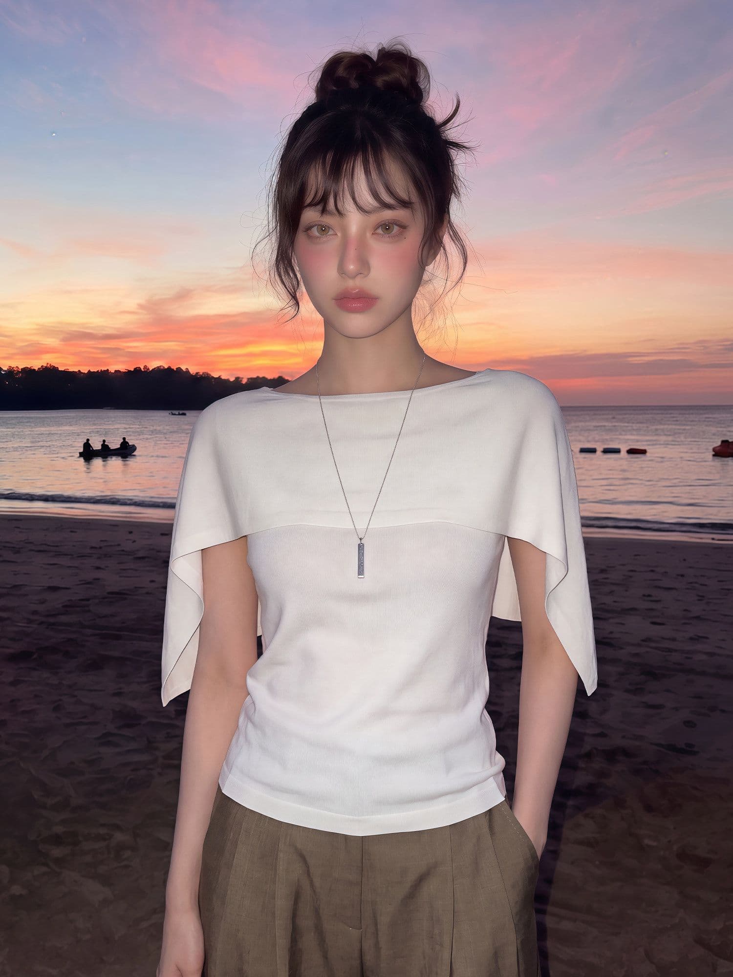 무료 자르다 프랑스식 오래된 돈 바람 오프숄더 망토 반팔 티셔츠 여성 여름 느슨함 허리 수축 도루 센스 맨위 상세 이미지 3