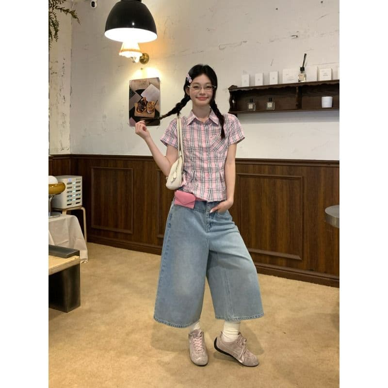 컬러 짜임 기사 핑크색 허리 수축 격자 무늬 셔츠 맨위 여성 여름 몸매 가꾸기 디자인 센스 반팔 작은 셔츠 이미지 4