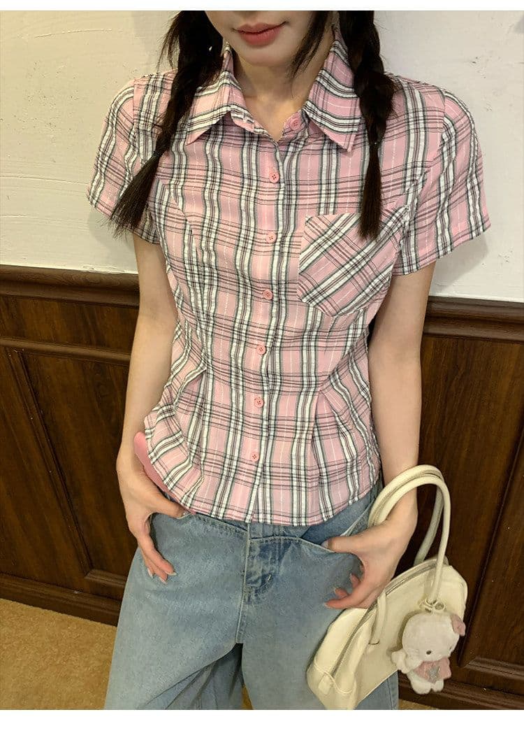 컬러 짜임 기사 핑크색 허리 수축 격자 무늬 셔츠 맨위 여성 여름 몸매 가꾸기 디자인 센스 반팔 작은 셔츠 상세 이미지 2