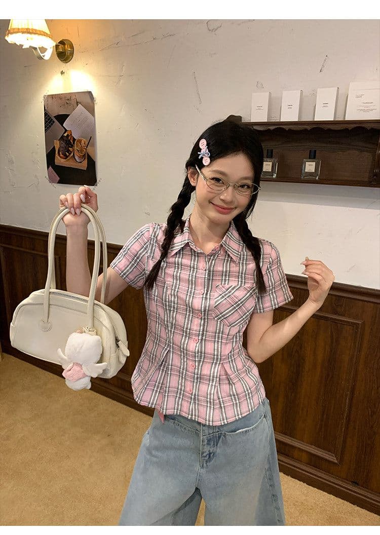 컬러 짜임 기사 핑크색 허리 수축 격자 무늬 셔츠 맨위 여성 여름 몸매 가꾸기 디자인 센스 반팔 작은 셔츠 상세 이미지 3