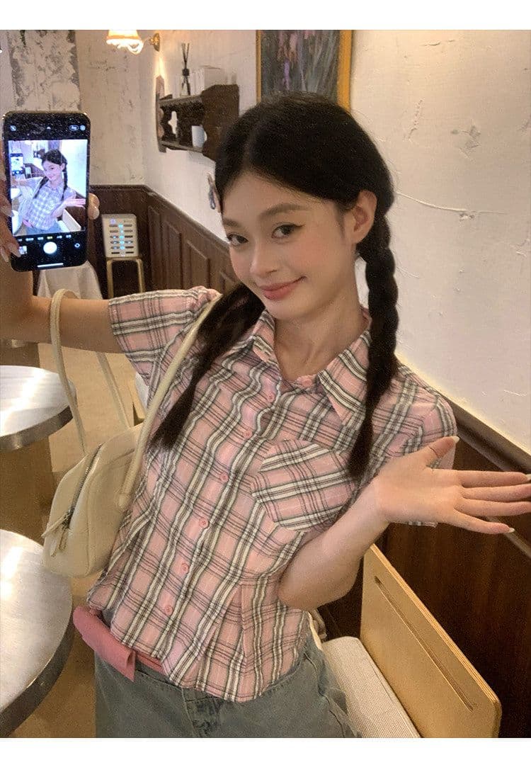 컬러 짜임 기사 핑크색 허리 수축 격자 무늬 셔츠 맨위 여성 여름 몸매 가꾸기 디자인 센스 반팔 작은 셔츠 상세 이미지 10