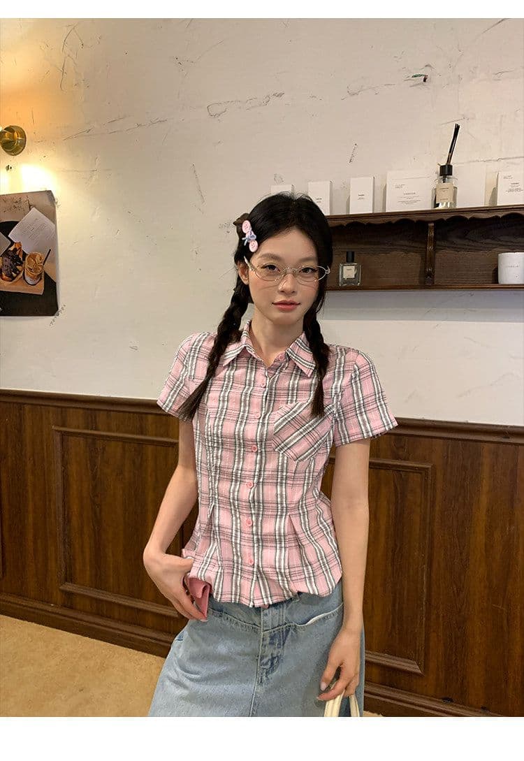 컬러 짜임 기사 핑크색 허리 수축 격자 무늬 셔츠 맨위 여성 여름 몸매 가꾸기 디자인 센스 반팔 작은 셔츠 상세 이미지 11