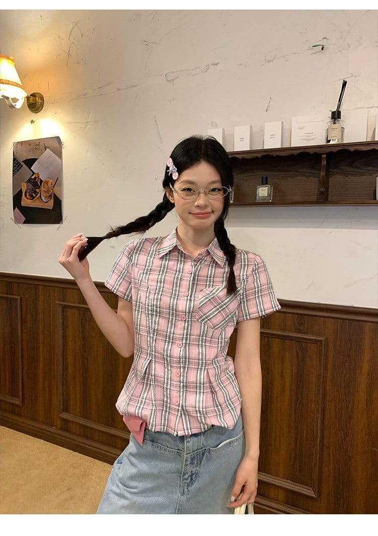 컬러 짜임 기사 핑크색 허리 수축 격자 무늬 셔츠 맨위 여성 여름 몸매 가꾸기 디자인 센스 반팔 작은 셔츠 상세 이미지 12