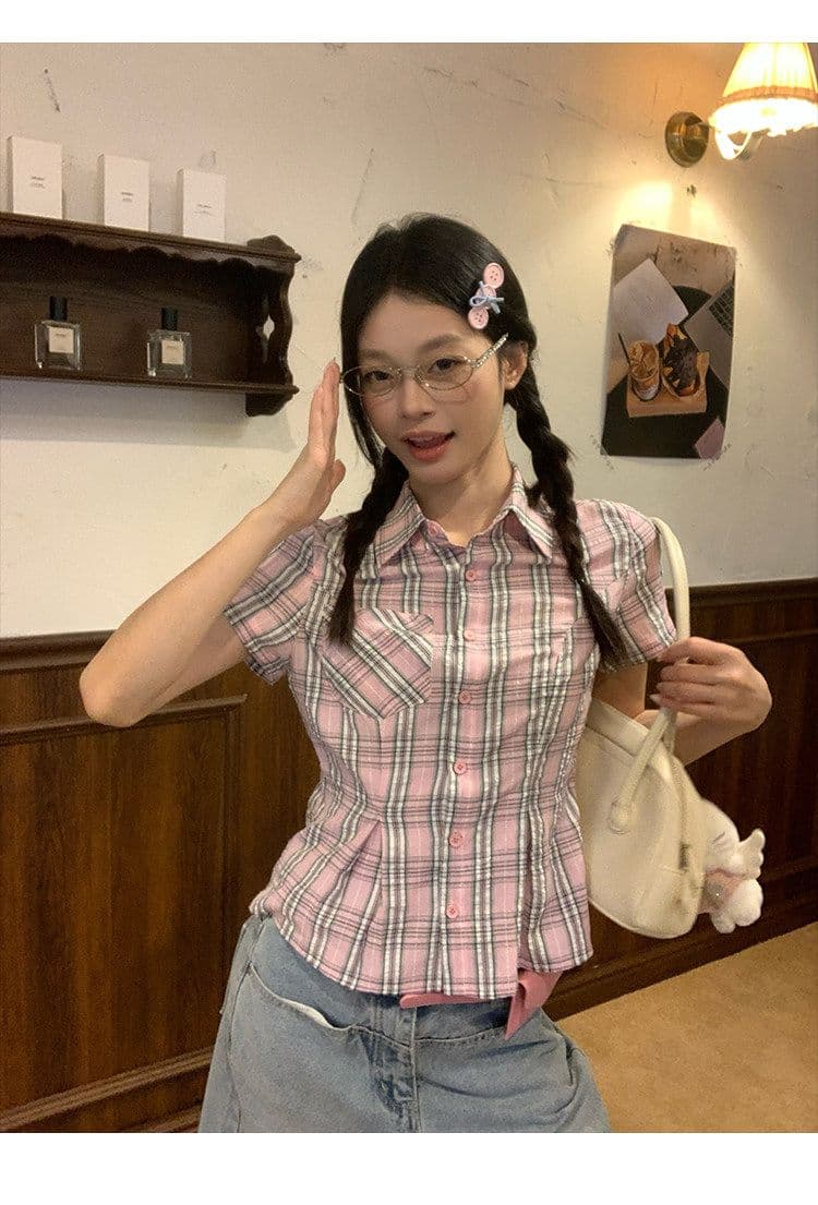 컬러 짜임 기사 핑크색 허리 수축 격자 무늬 셔츠 맨위 여성 여름 몸매 가꾸기 디자인 센스 반팔 작은 셔츠 상세 이미지 13