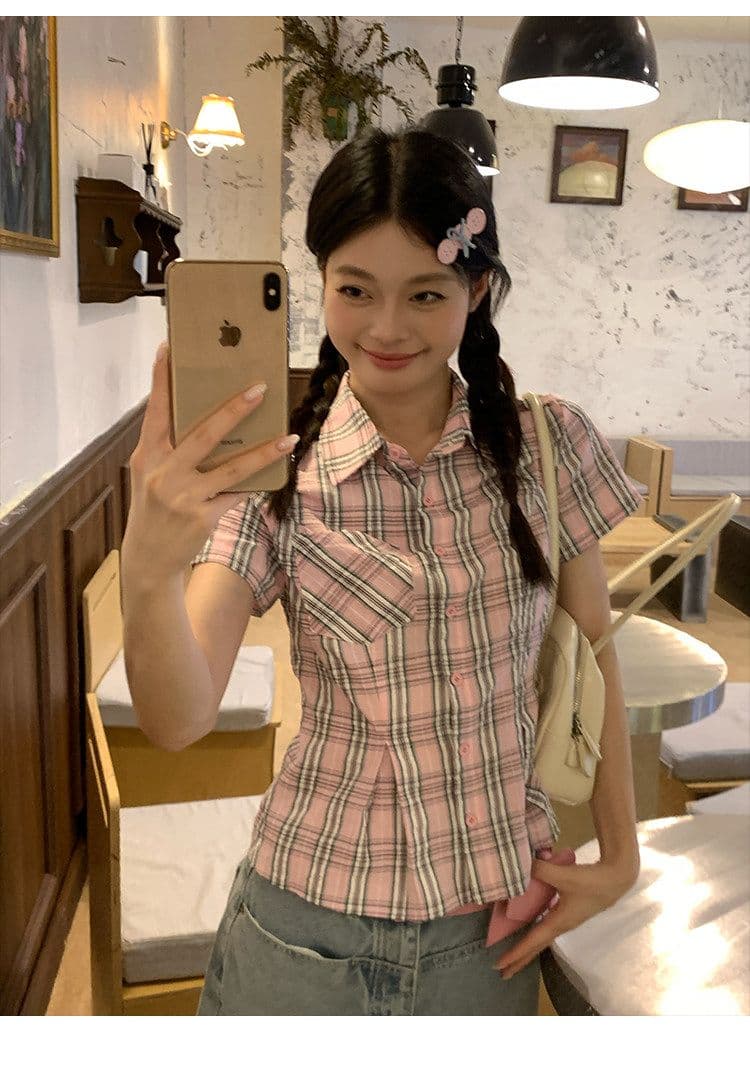 컬러 짜임 기사 핑크색 허리 수축 격자 무늬 셔츠 맨위 여성 여름 몸매 가꾸기 디자인 센스 반팔 작은 셔츠 상세 이미지 14