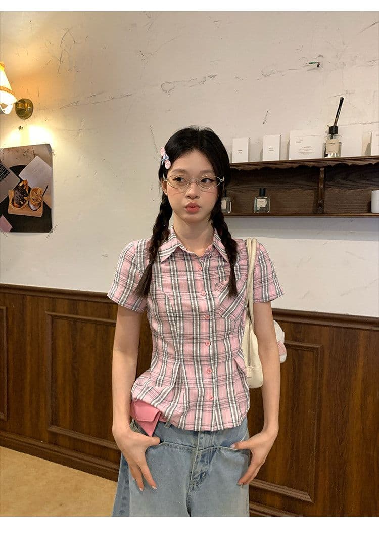 컬러 짜임 기사 핑크색 허리 수축 격자 무늬 셔츠 맨위 여성 여름 몸매 가꾸기 디자인 센스 반팔 작은 셔츠 상세 이미지 16