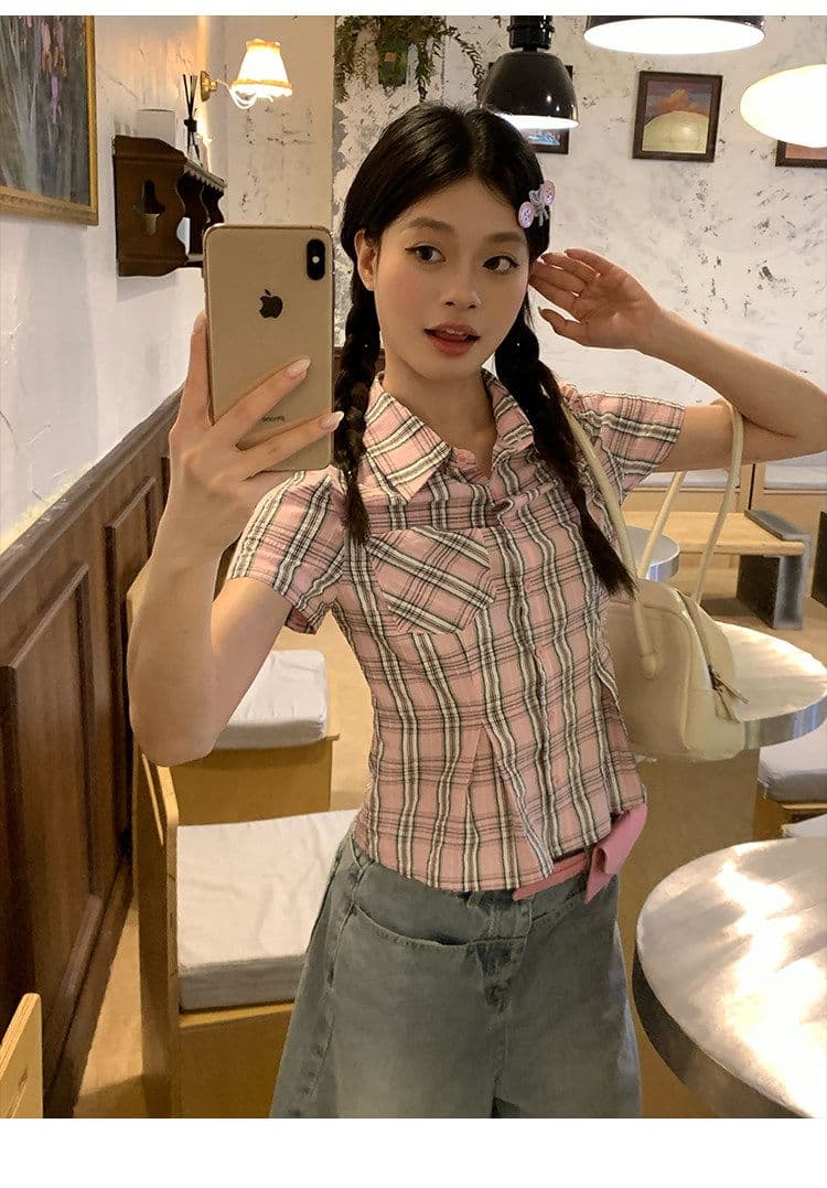 컬러 짜임 기사 핑크색 허리 수축 격자 무늬 셔츠 맨위 여성 여름 몸매 가꾸기 디자인 센스 반팔 작은 셔츠 상세 이미지 17