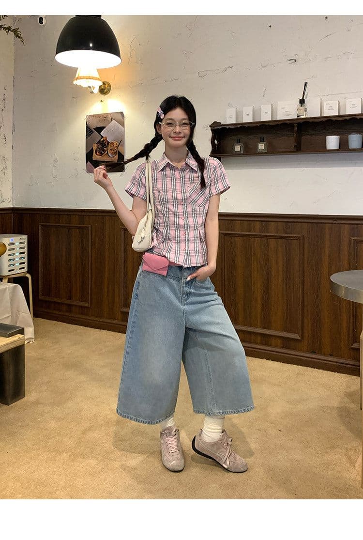 컬러 짜임 기사 핑크색 허리 수축 격자 무늬 셔츠 맨위 여성 여름 몸매 가꾸기 디자인 센스 반팔 작은 셔츠 상세 이미지 18