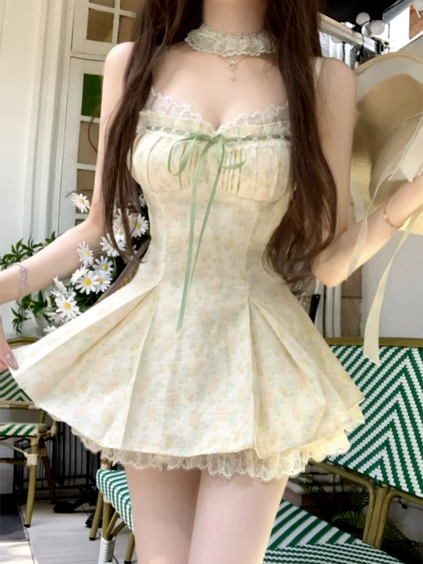 순수한 욕망 달콤함 미니 스커트 봄 여름 허리 수축 슬림해 보이는 디자인 센스 레이스 조각 슬립 드레스 오픈 가디건 세트 여성 상세 이미지 2
