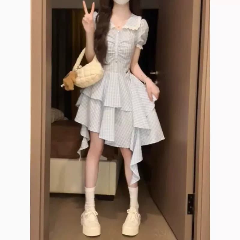 파란색 체크무늬 베이비 칼라 여성 드레스 여름 작은 키 레트로 학원 스타일 디자인 센스 불규칙 짧은 치마 상세 이미지 7