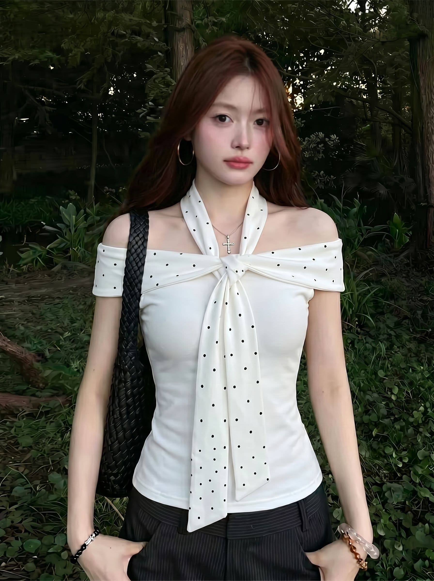 40 면 1 1 오스트리아 세대 서울 220 그램 핫걸 바람 화이트 도트 무늬 행침 목 오프숄더 반팔 티셔츠 이미지 4