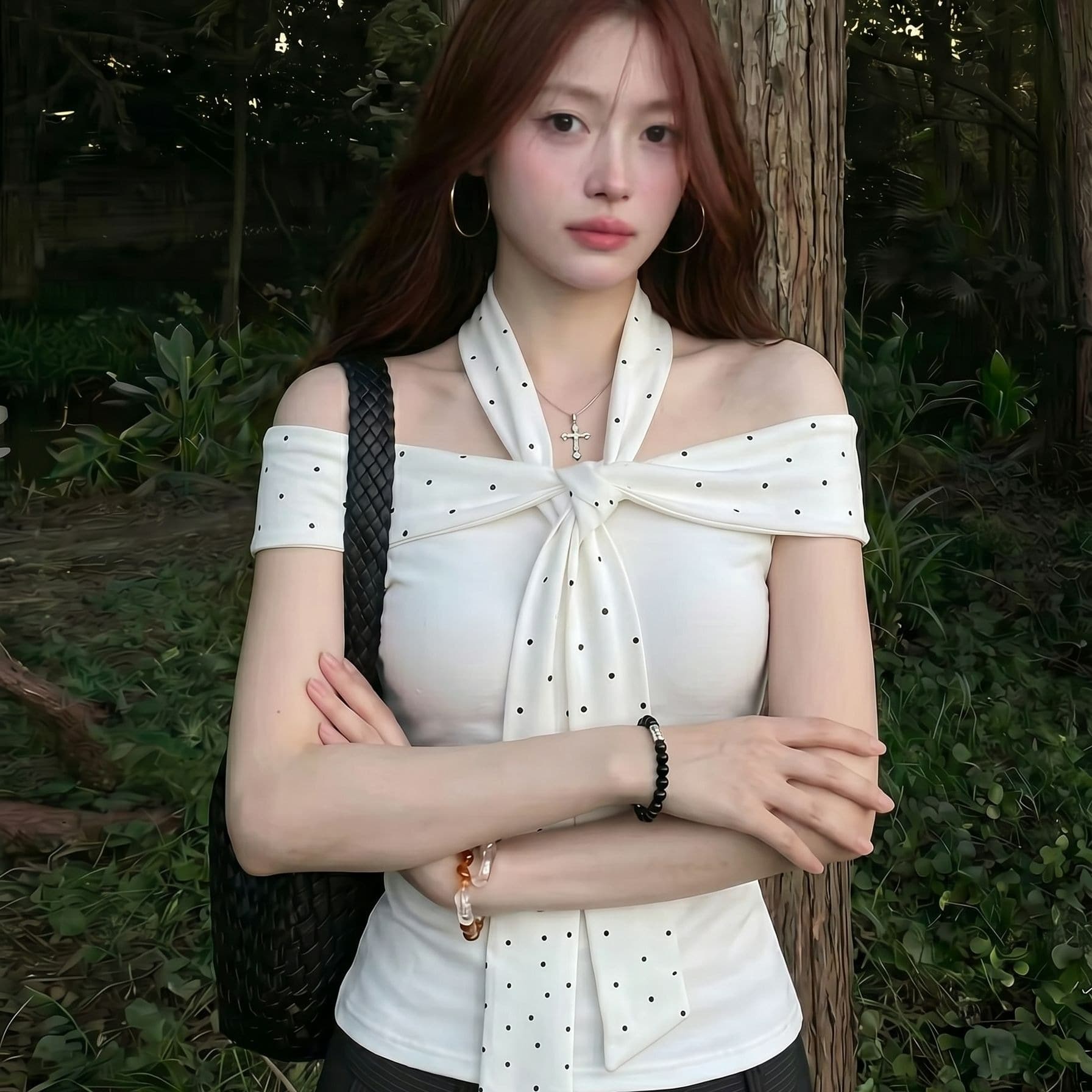 40 면 1 1 오스트리아 세대 서울 220 그램 핫걸 바람 화이트 도트 무늬 행침 목 오프숄더 반팔 티셔츠 이미지 5