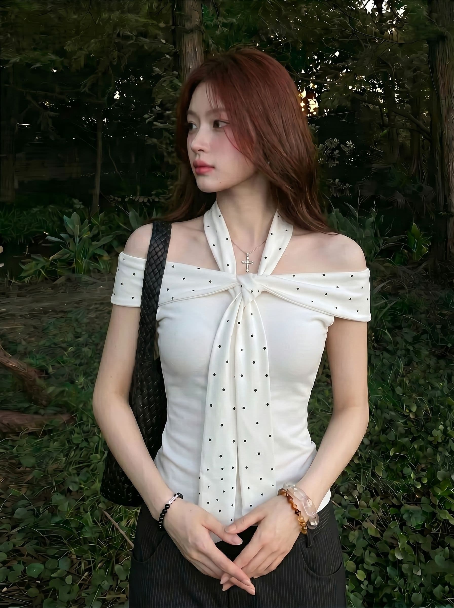 40 면 1 1 오스트리아 세대 서울 220 그램 핫걸 바람 화이트 도트 무늬 행침 목 오프숄더 반팔 티셔츠 상세 이미지 1