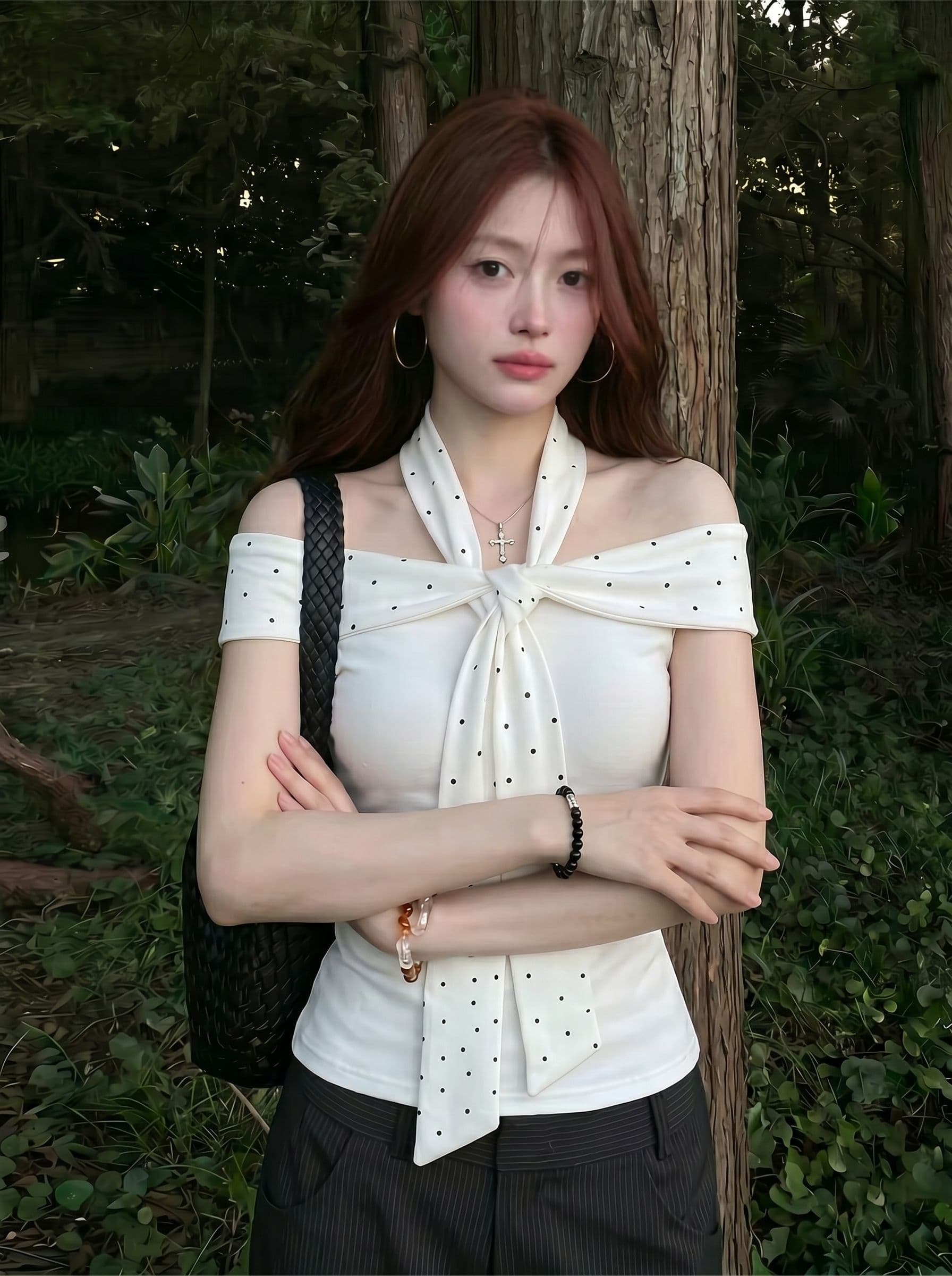 40 면 1 1 오스트리아 세대 서울 220 그램 핫걸 바람 화이트 도트 무늬 행침 목 오프숄더 반팔 티셔츠 상세 이미지 2