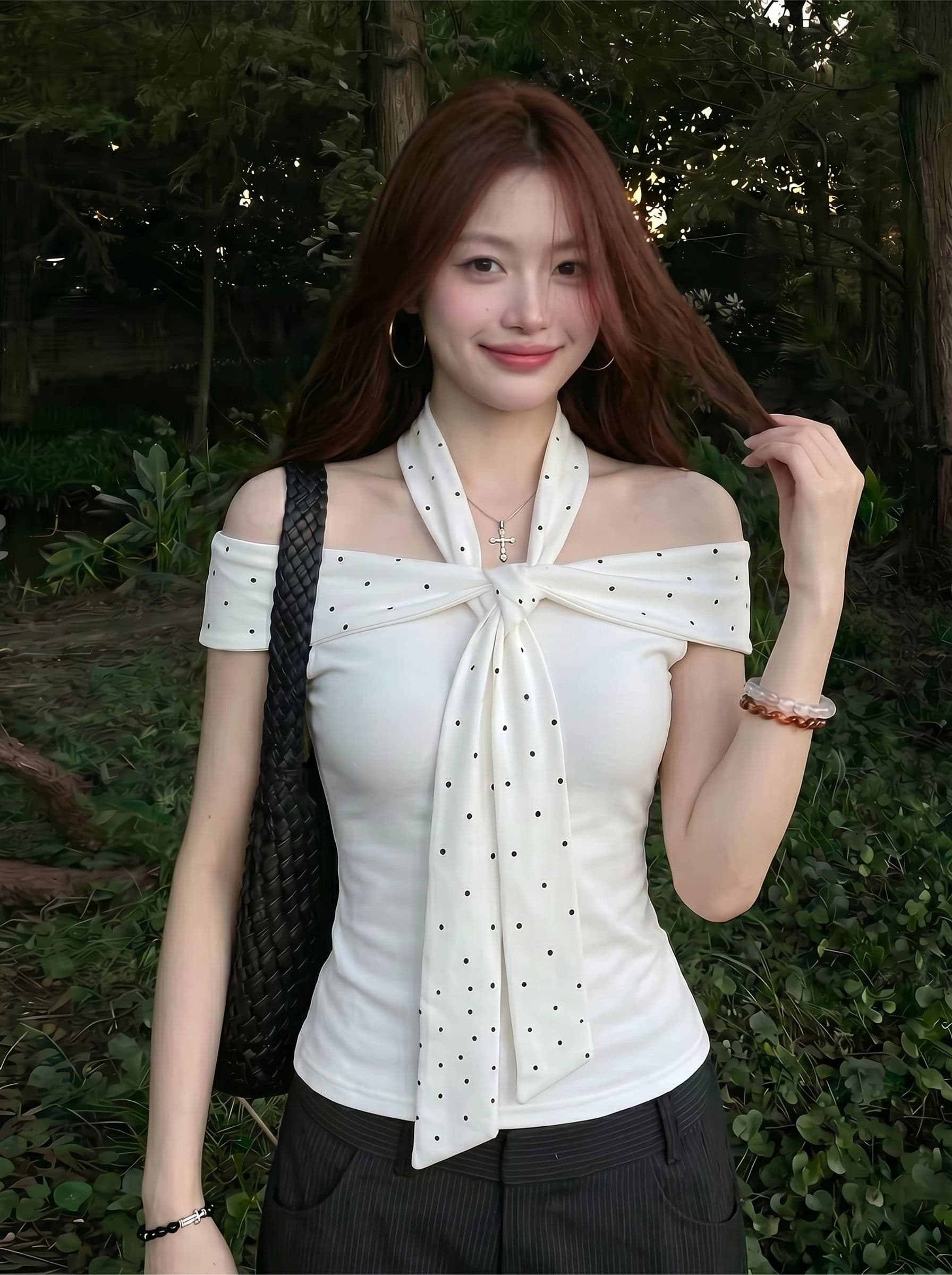 40 면 1 1 오스트리아 세대 서울 220 그램 핫걸 바람 화이트 도트 무늬 행침 목 오프숄더 반팔 티셔츠 상세 이미지 4
