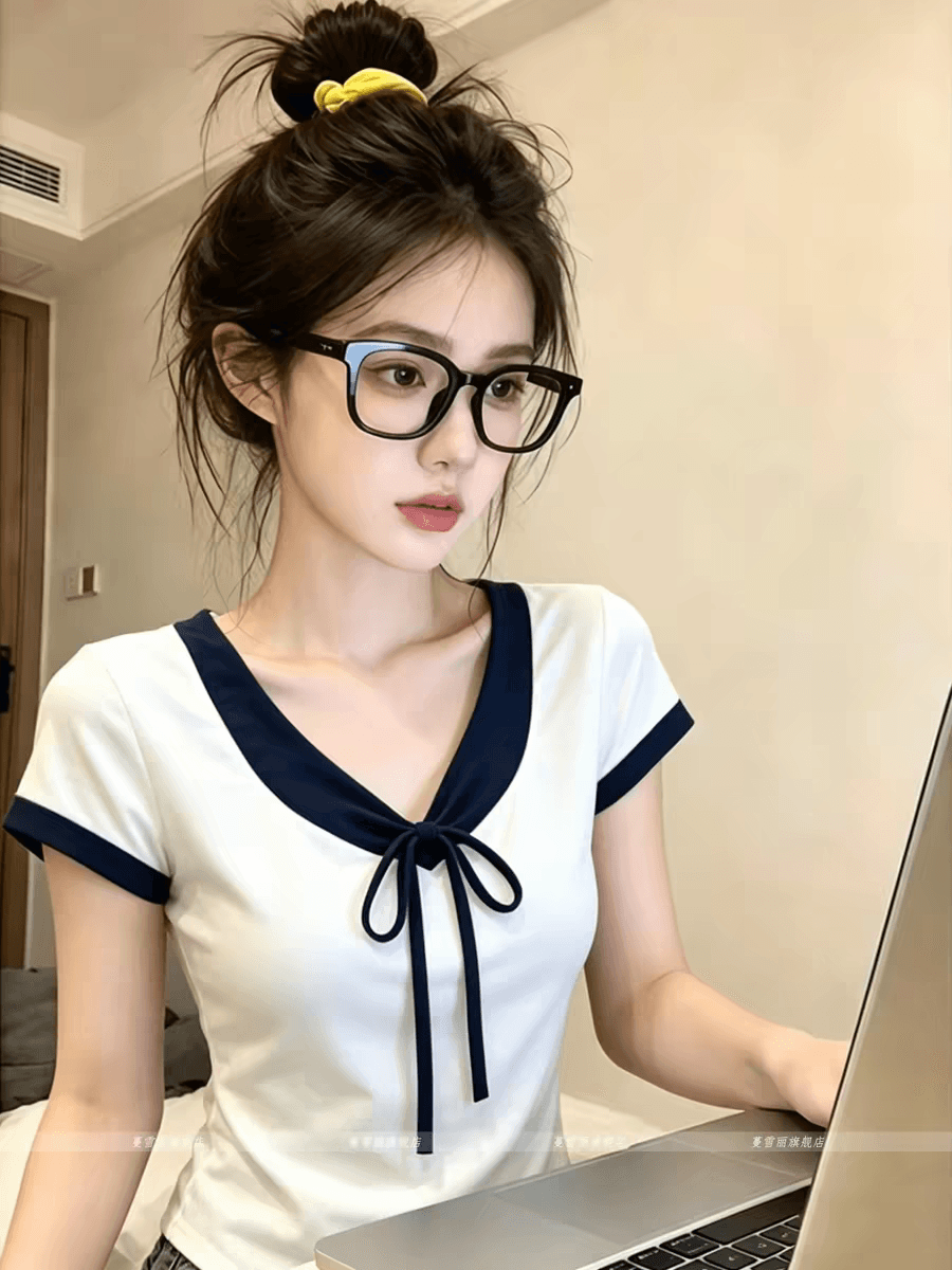 40 면 1 1 오스트리아 세대 서울 220 그램 한 부서 배색 나비 매듭 V넥 반팔 티셔츠 작은 맨위 상세 이미지 1
