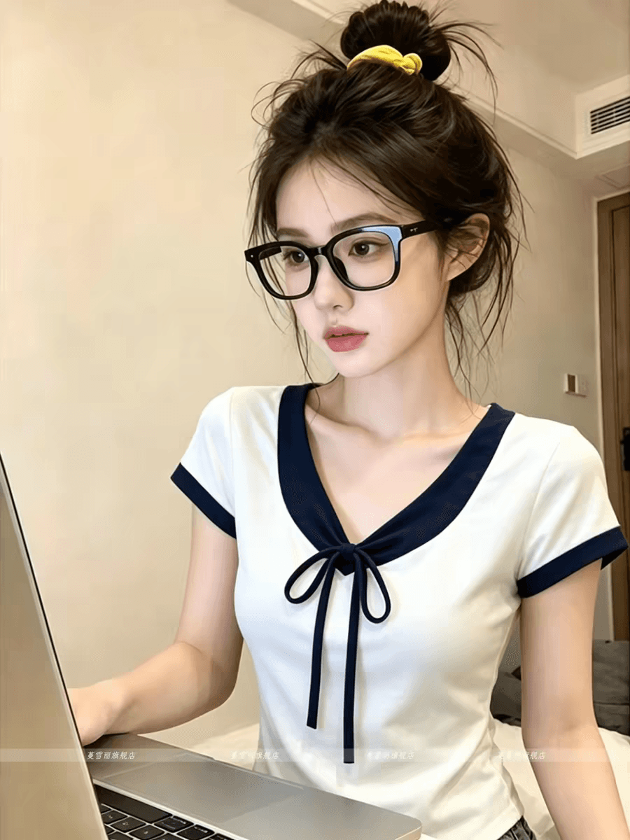 40 면 1 1 오스트리아 세대 서울 220 그램 한 부서 배색 나비 매듭 V넥 반팔 티셔츠 작은 맨위 상세 이미지 2