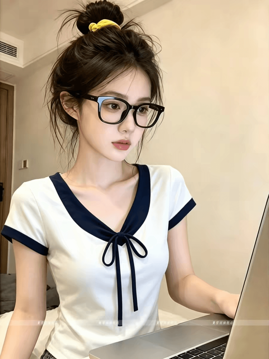 40 면 1 1 오스트리아 세대 서울 220 그램 한 부서 배색 나비 매듭 V넥 반팔 티셔츠 작은 맨위 상세 이미지 3