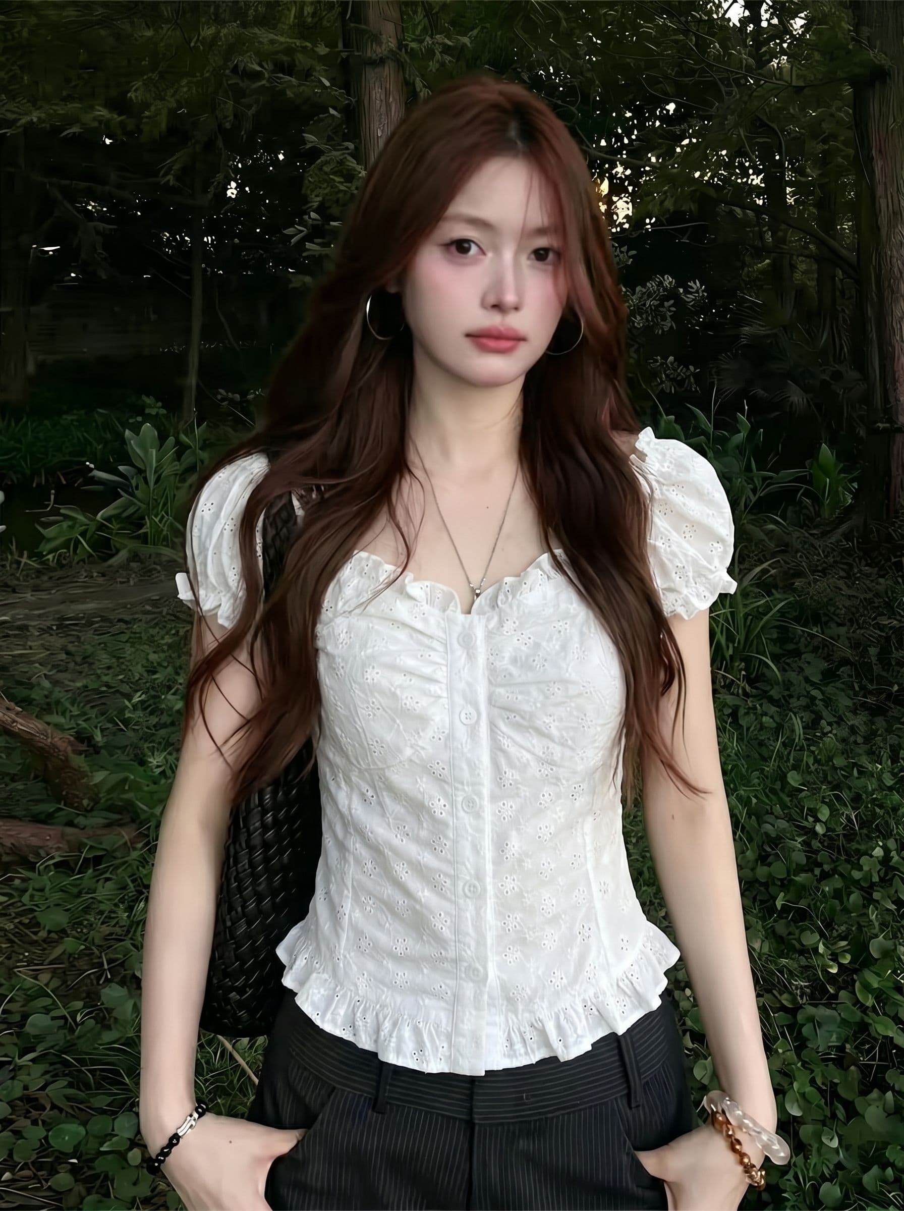 원본 원단 순면 자수 네리 순수한 욕망 레이스 반팔 여성 핫걸 Chic 맨위