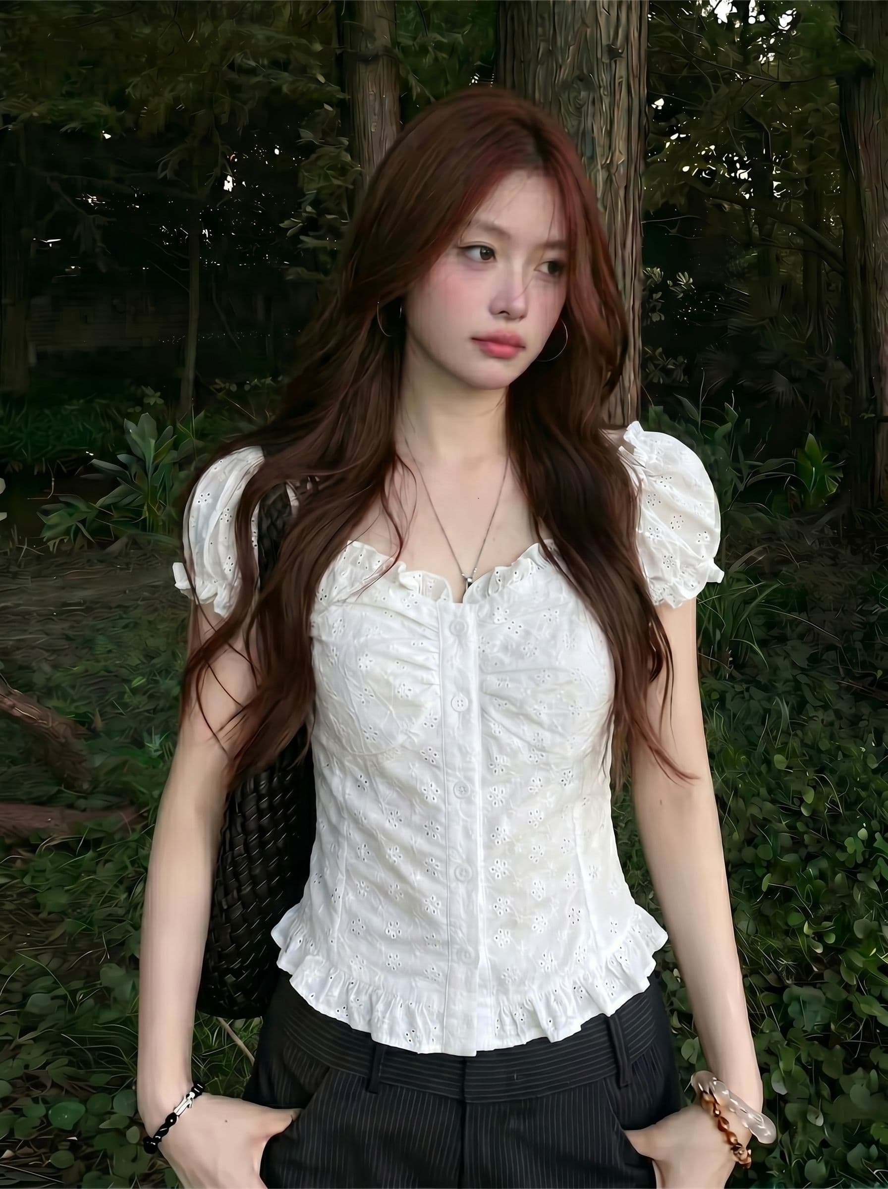 원본 원단 순면 자수 네리 순수한 욕망 레이스 반팔 여성 핫걸 Chic 맨위 이미지 4