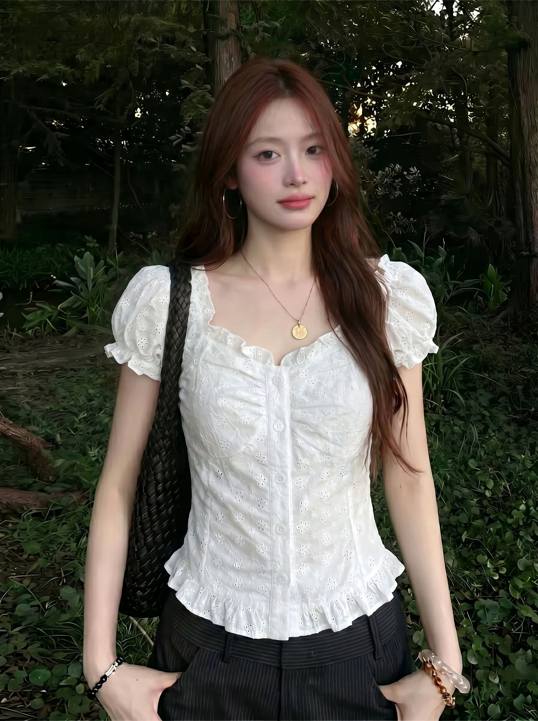 원본 원단 순면 자수 네리 순수한 욕망 레이스 반팔 여성 핫걸 Chic 맨위 이미지 3