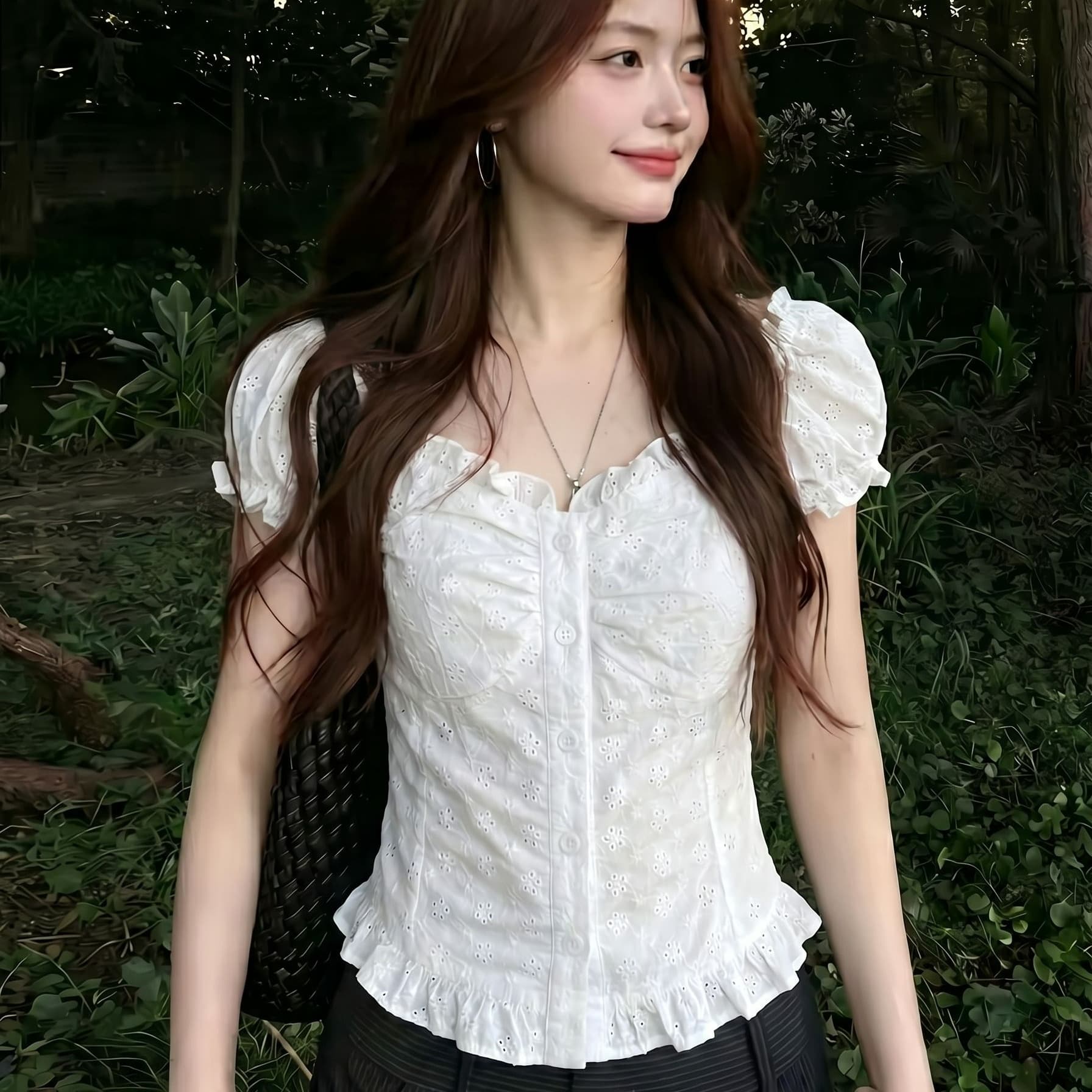 원본 원단 순면 자수 네리 순수한 욕망 레이스 반팔 여성 핫걸 Chic 맨위 이미지 5
