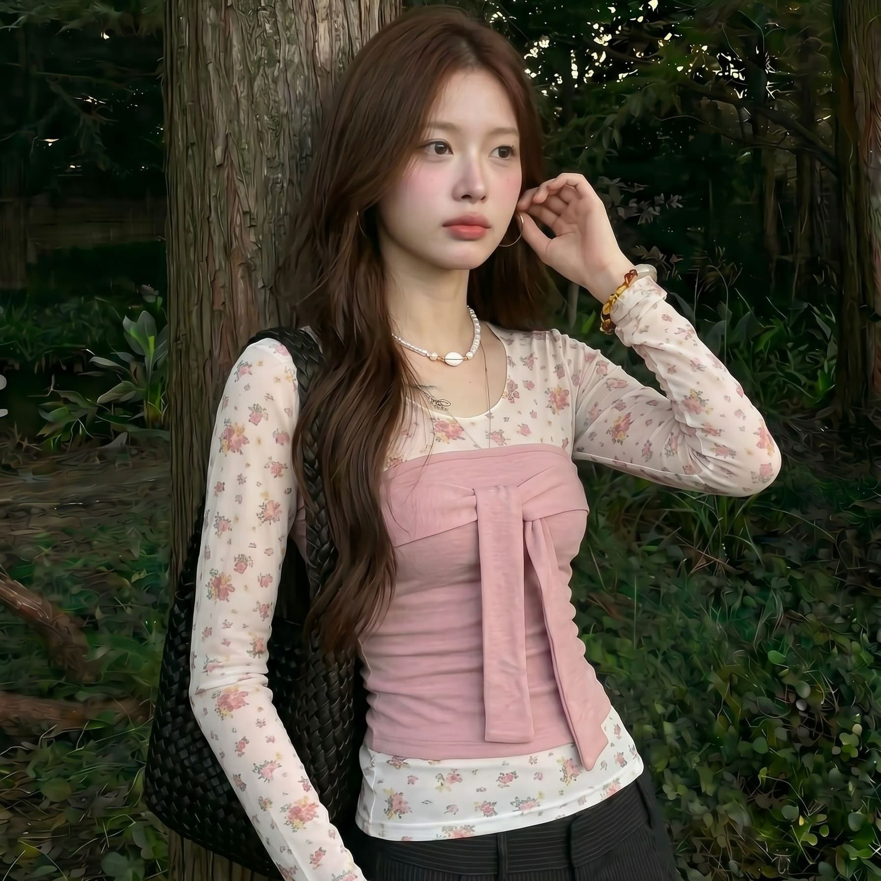 망사 사람들 면 260 그램 투피스 세트 꽃무늬 긴팔 튜브탑 작은 맨위 스택 착용 투피스 세트 이미지 5