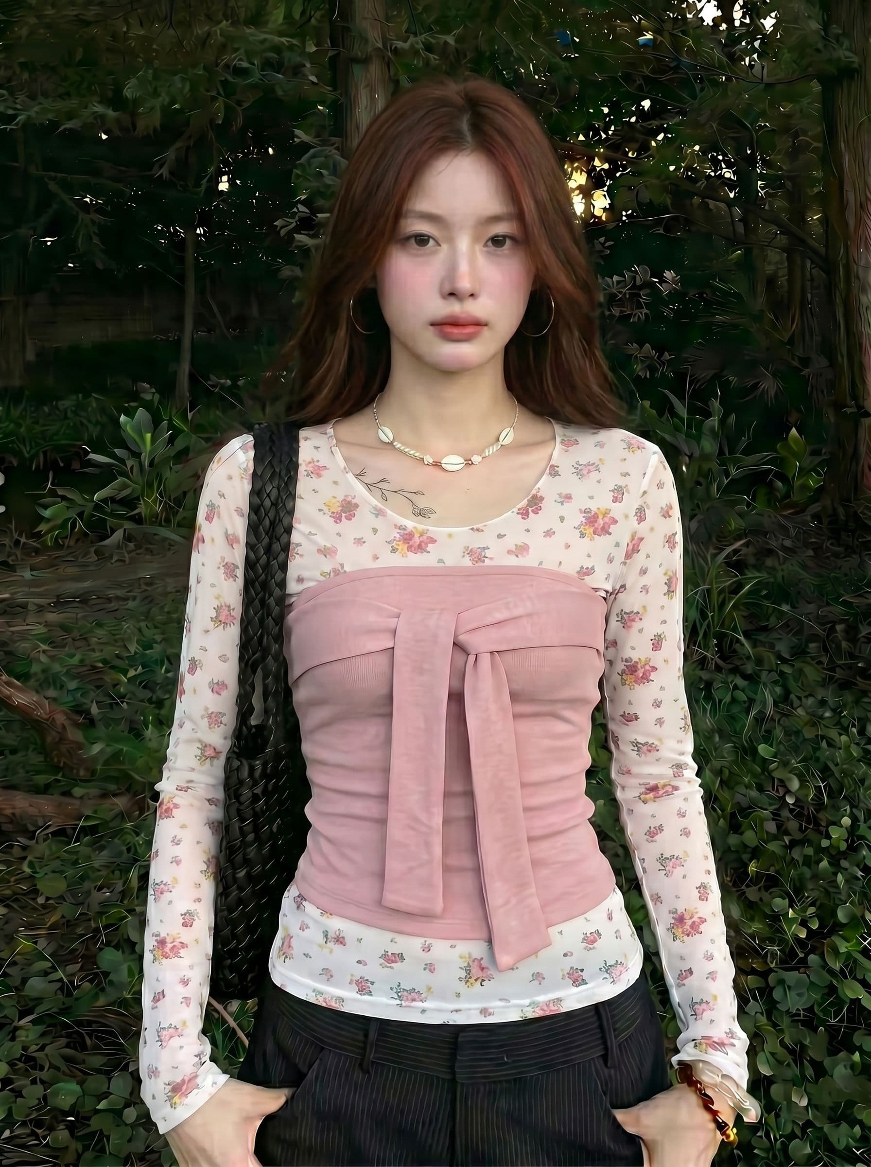 망사 사람들 면 260 그램 투피스 세트 꽃무늬 긴팔 튜브탑 작은 맨위 스택 착용 투피스 세트 상세 이미지 2