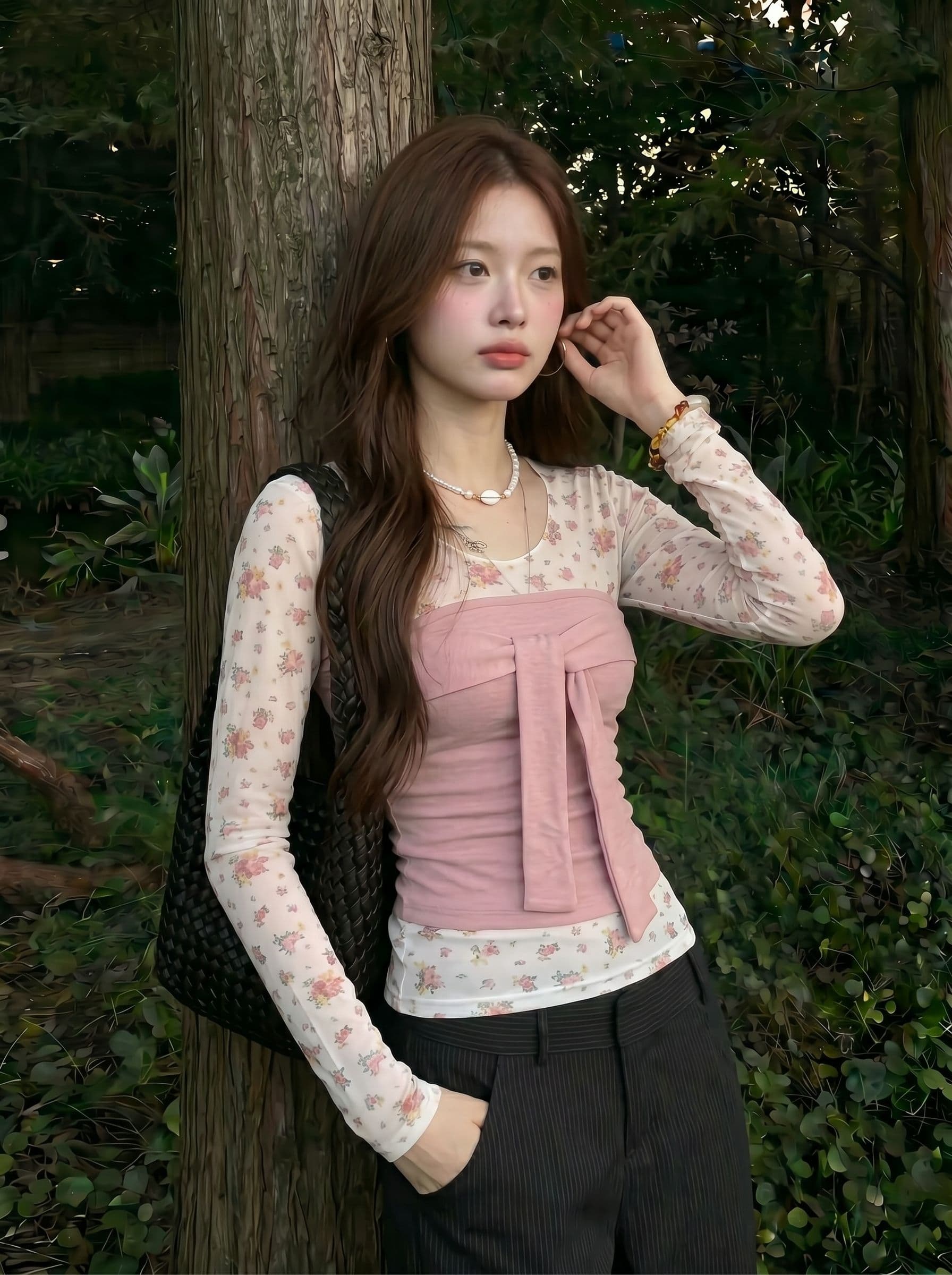 망사 사람들 면 260 그램 투피스 세트 꽃무늬 긴팔 튜브탑 작은 맨위 스택 착용 투피스 세트 상세 이미지 5