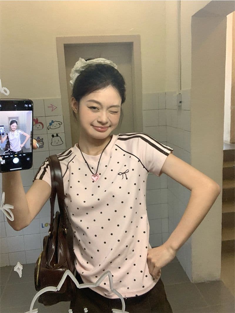 원본 것 원단 화이트 3개 바 도트 무늬 긍정적 인 어깨 반팔 여름 새로운 나비 매듭 맨위 상세 이미지 23