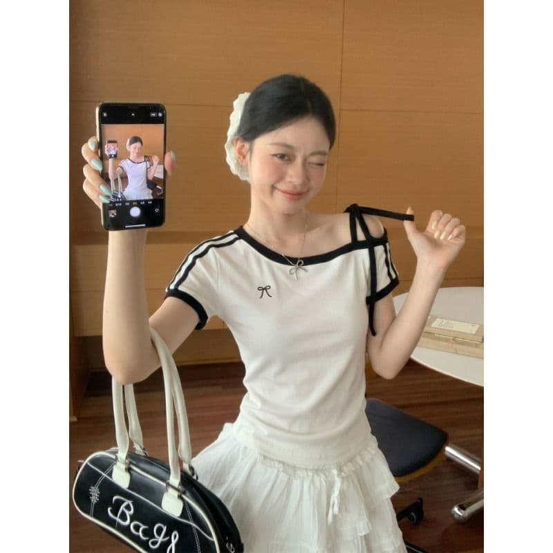 원본 것 원단 아메리칸 비스듬한 오프숄더 스트랩 스트라이프 반팔 티셔츠 여름 핫걸 긍정적 인 어깨 의류