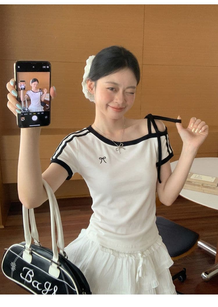 원본 것 원단 아메리칸 비스듬한 오프숄더 스트랩 스트라이프 반팔 티셔츠 여름 핫걸 긍정적 인 어깨 의류 상세 이미지 3
