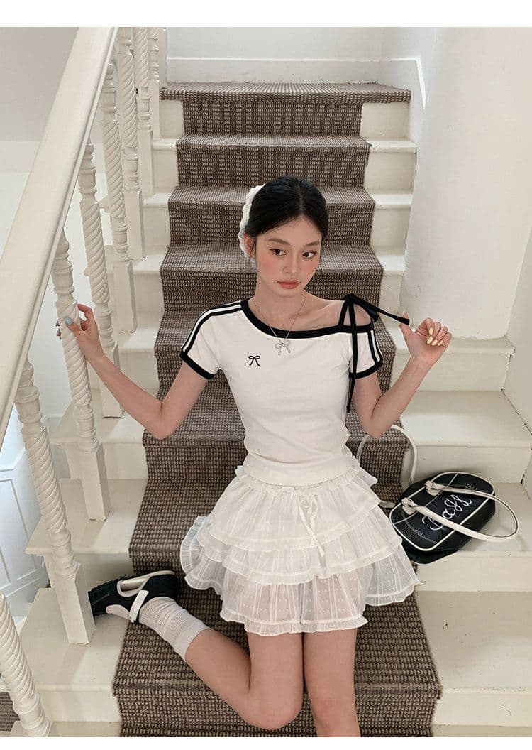 원본 것 원단 아메리칸 비스듬한 오프숄더 스트랩 스트라이프 반팔 티셔츠 여름 핫걸 긍정적 인 어깨 의류 상세 이미지 4