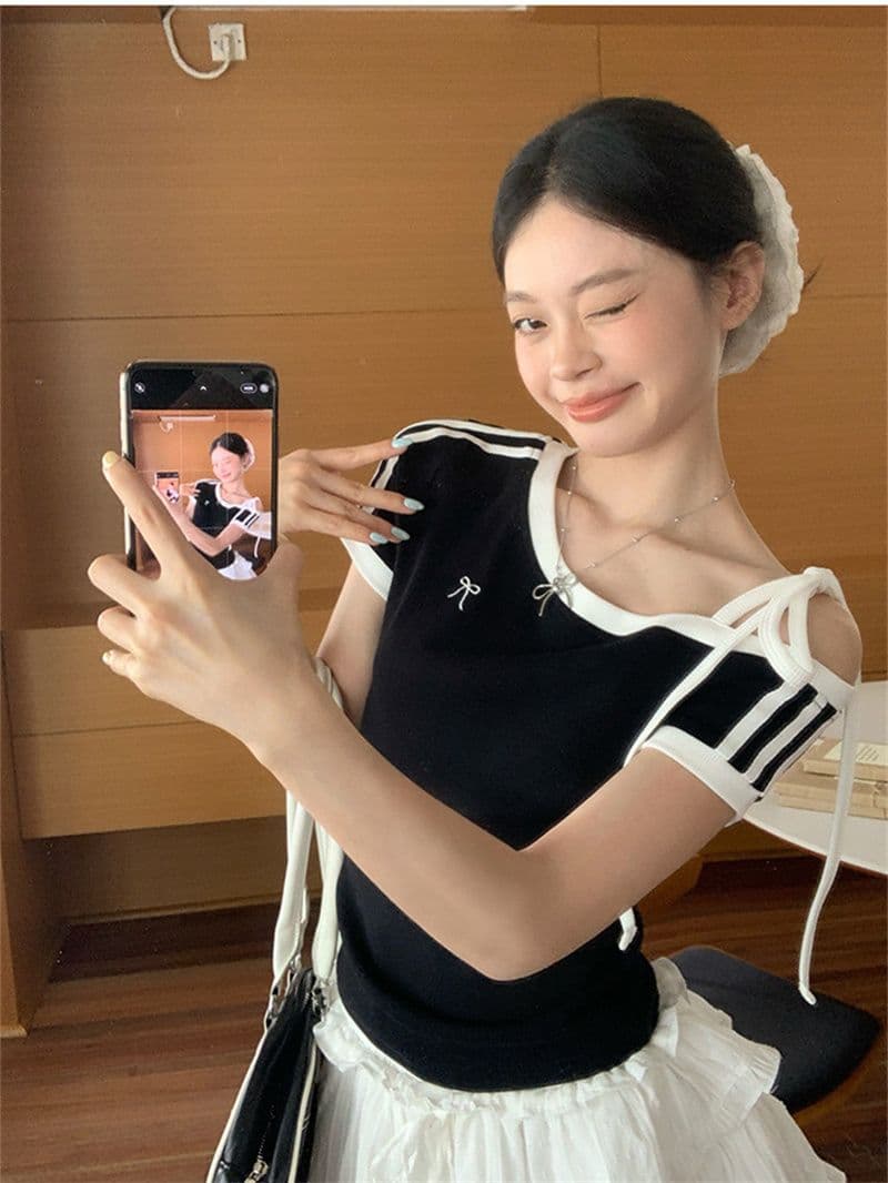 원본 것 원단 아메리칸 비스듬한 오프숄더 스트랩 스트라이프 반팔 티셔츠 여름 핫걸 긍정적 인 어깨 의류 상세 이미지 7