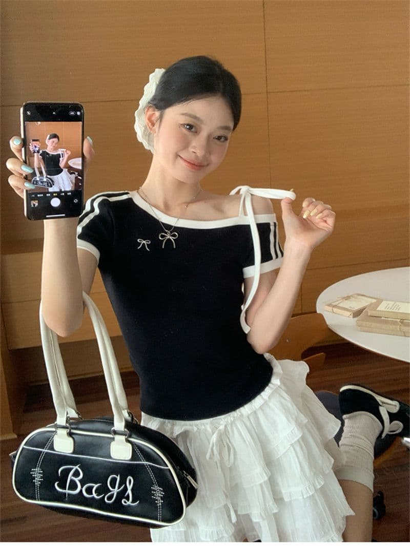 원본 것 원단 아메리칸 비스듬한 오프숄더 스트랩 스트라이프 반팔 티셔츠 여름 핫걸 긍정적 인 어깨 의류 상세 이미지 11