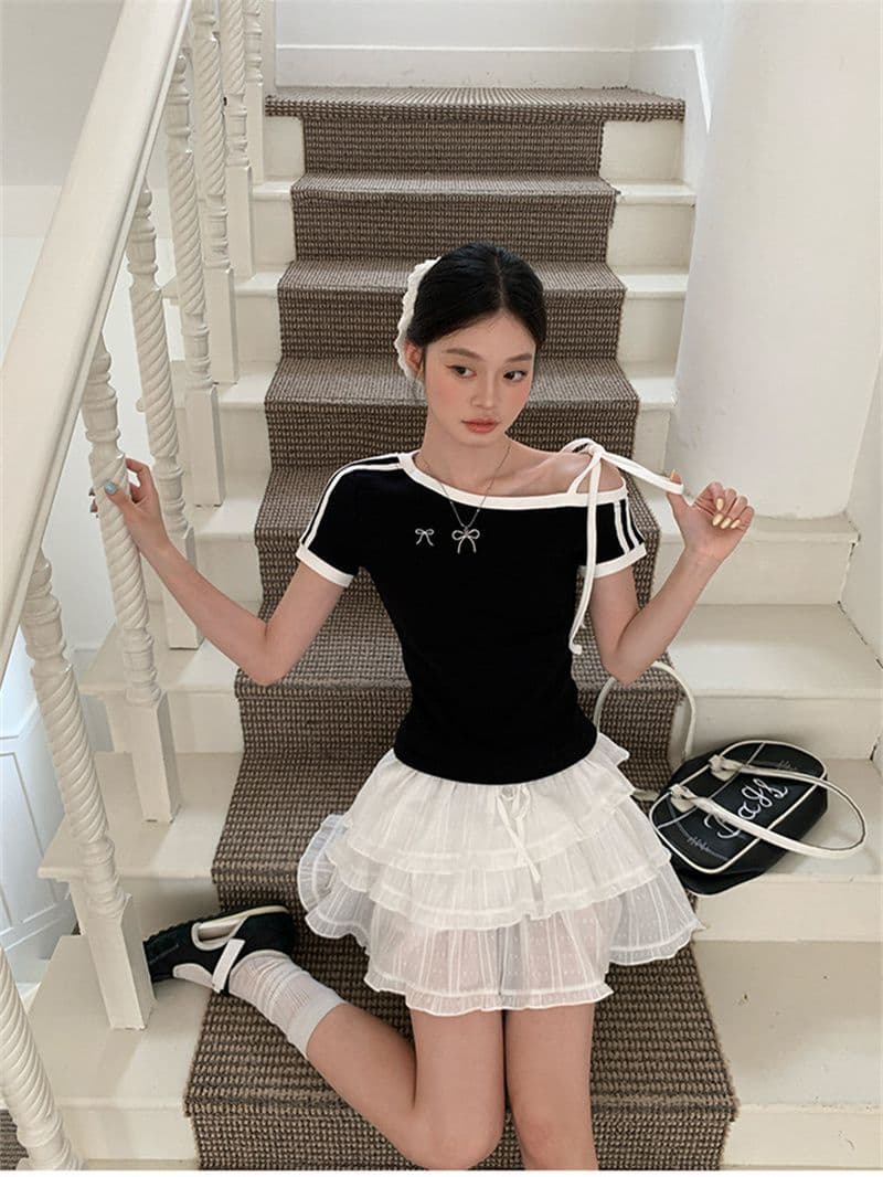 원본 것 원단 아메리칸 비스듬한 오프숄더 스트랩 스트라이프 반팔 티셔츠 여름 핫걸 긍정적 인 어깨 의류 상세 이미지 13