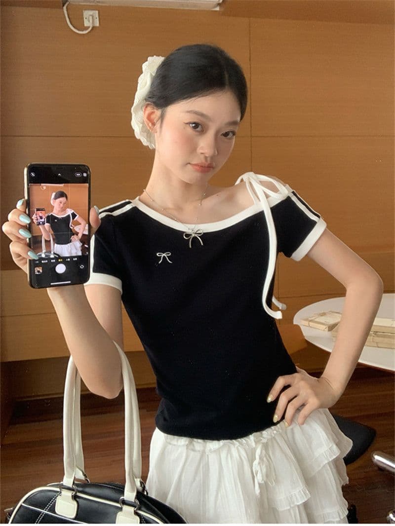 원본 것 원단 아메리칸 비스듬한 오프숄더 스트랩 스트라이프 반팔 티셔츠 여름 핫걸 긍정적 인 어깨 의류 상세 이미지 16