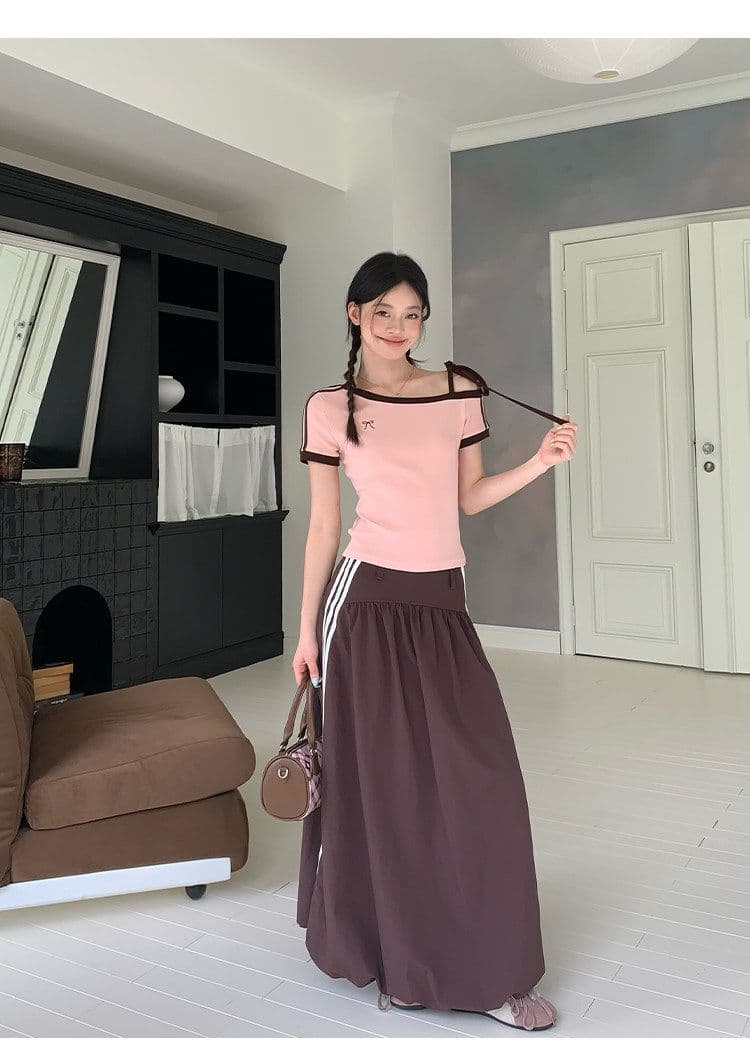 원본 것 원단 아메리칸 비스듬한 오프숄더 스트랩 스트라이프 반팔 티셔츠 여름 핫걸 긍정적 인 어깨 의류 상세 이미지 17