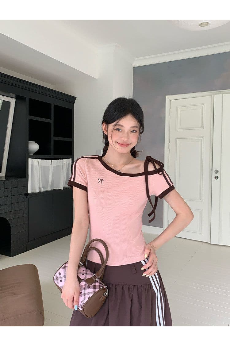 원본 것 원단 아메리칸 비스듬한 오프숄더 스트랩 스트라이프 반팔 티셔츠 여름 핫걸 긍정적 인 어깨 의류 상세 이미지 18