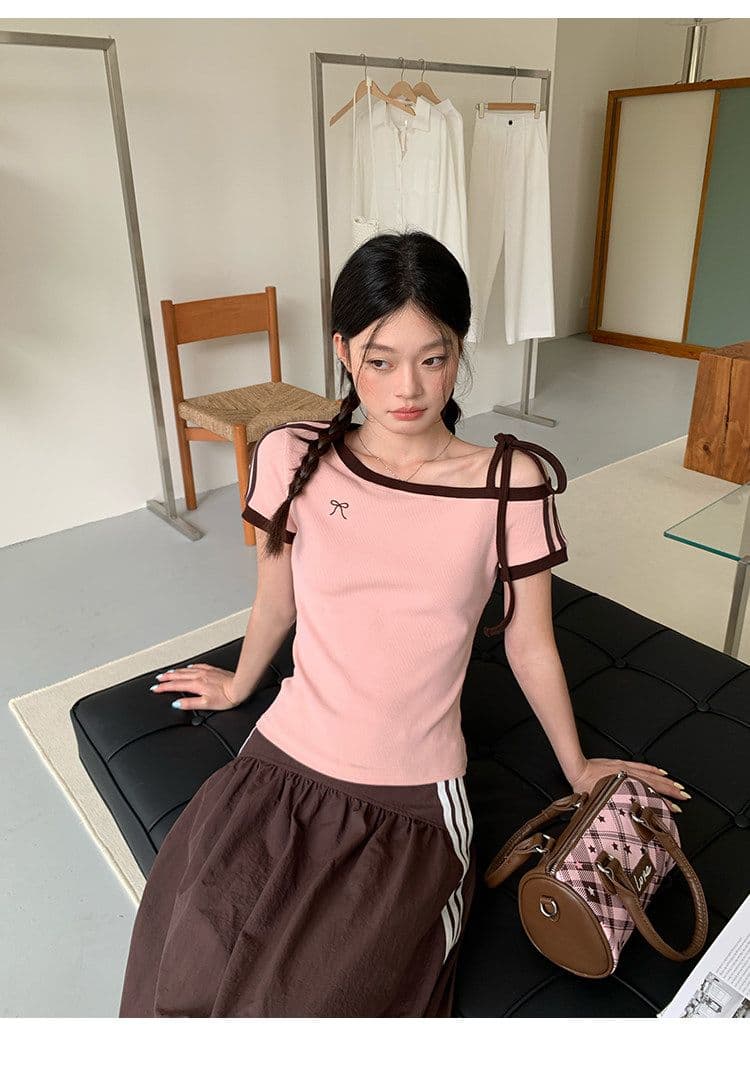 원본 것 원단 아메리칸 비스듬한 오프숄더 스트랩 스트라이프 반팔 티셔츠 여름 핫걸 긍정적 인 어깨 의류 상세 이미지 19