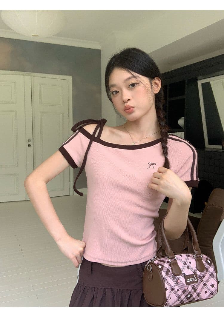 원본 것 원단 아메리칸 비스듬한 오프숄더 스트랩 스트라이프 반팔 티셔츠 여름 핫걸 긍정적 인 어깨 의류 상세 이미지 20